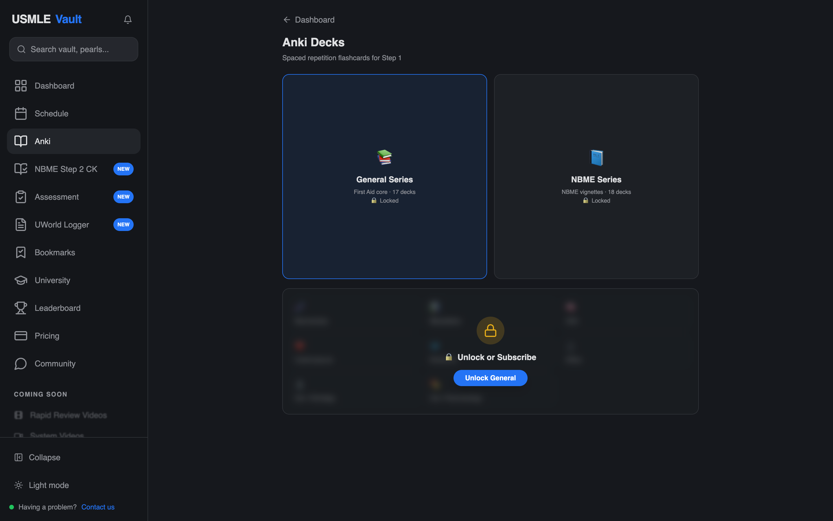 USMLE Vault Anki home, before and after the redesign (before)